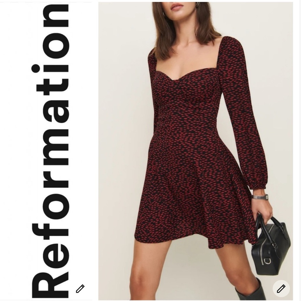 Reformation Red and Black Patterned Dress